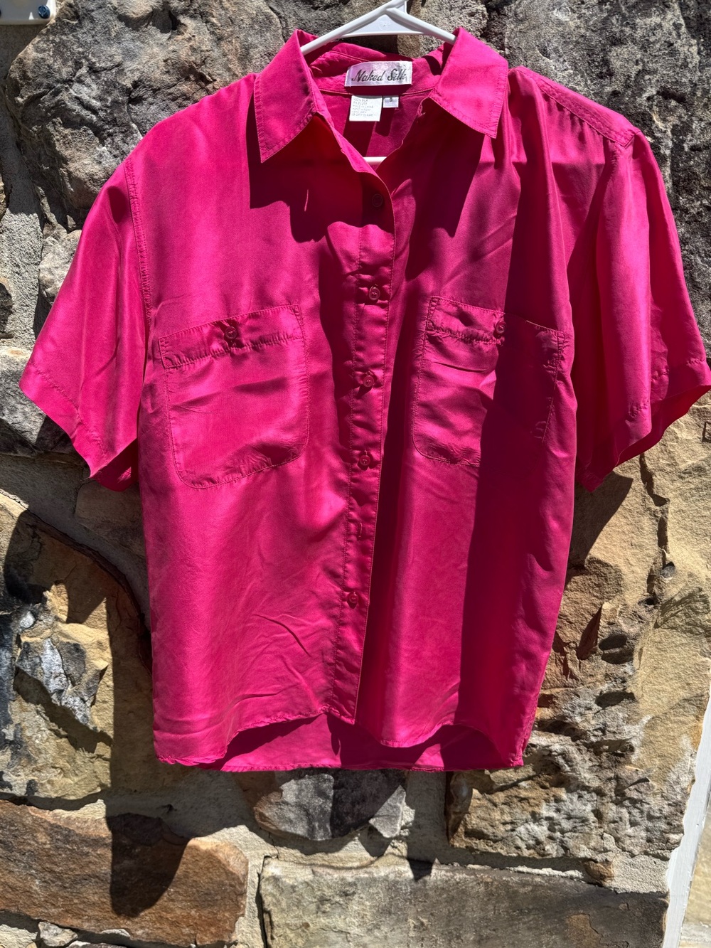 Vintage Short-Sleeve 100% Silk Blouse in Bright Fuchsia Pink by Naked Silk Small